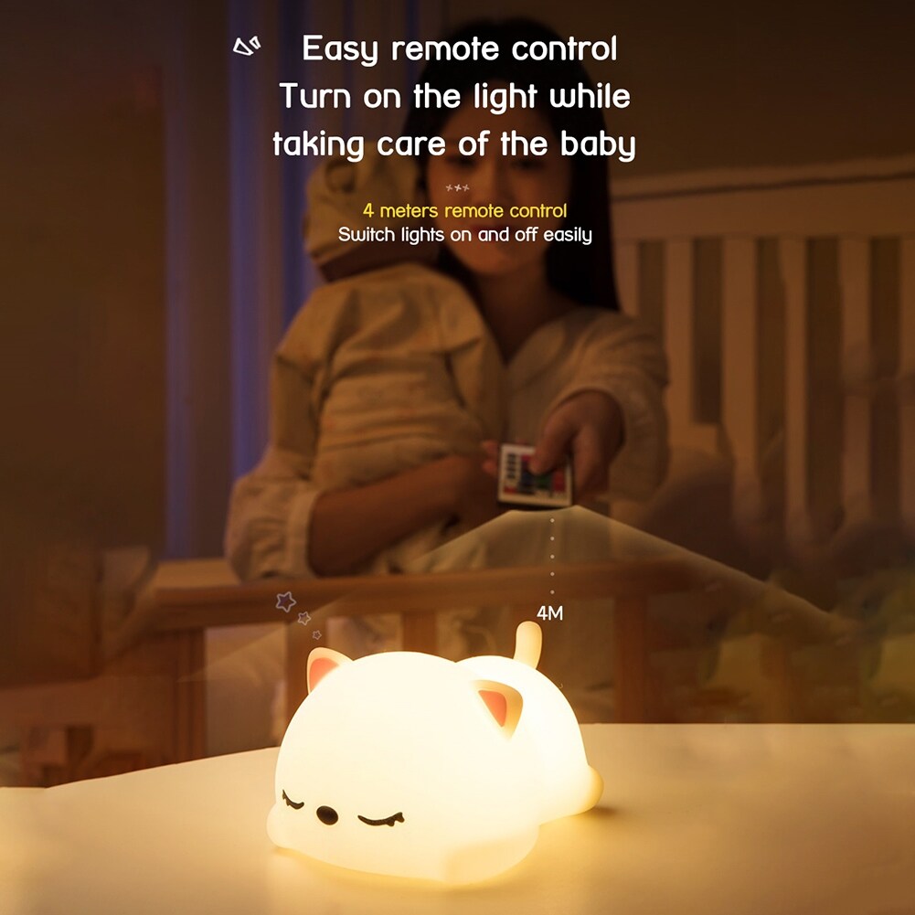 Terylin Sleeping Cat USB Pat Remote Control LED Silicone Night Light Desk Bedside Lamp
