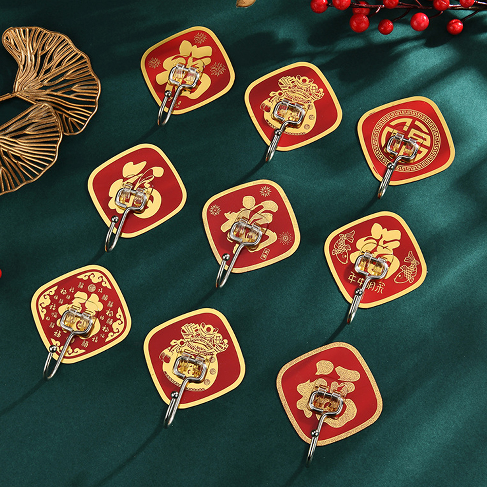 YESPERY 1/3/6Pcs Chinese Style Hook Stainless Steel Hook New Year Design Wall Hooks Spring Festival Pendant Hanging Hooks Red Blessed Sticky Hooks Storage Accessories 新年挂钩