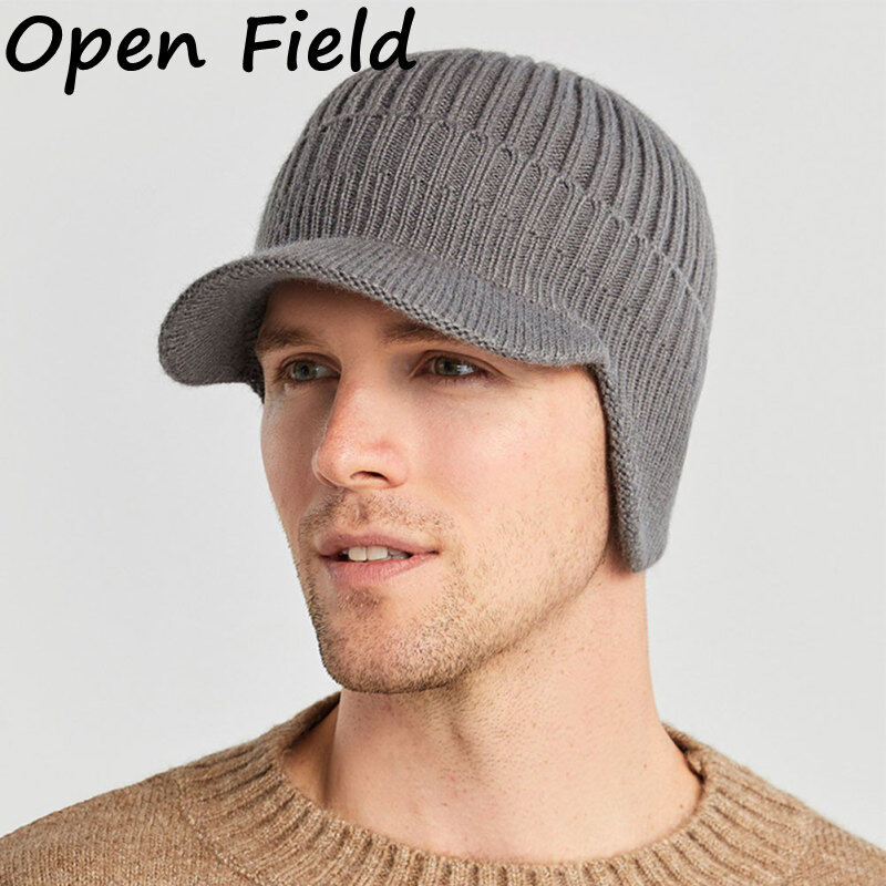 Field Men Winter Knitted Hat Outdoor Warm Thickened Windproof Ear Protection Cap Short Brim Solid Color Hat