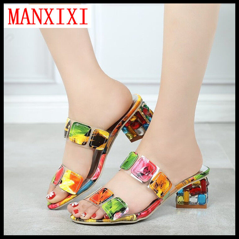 MANXIXI Brand Fashion Sexy Beautiful Shoes Round Head Slippers High Heels 2.56 Inches Color Sandals For Women (35-41 Size)