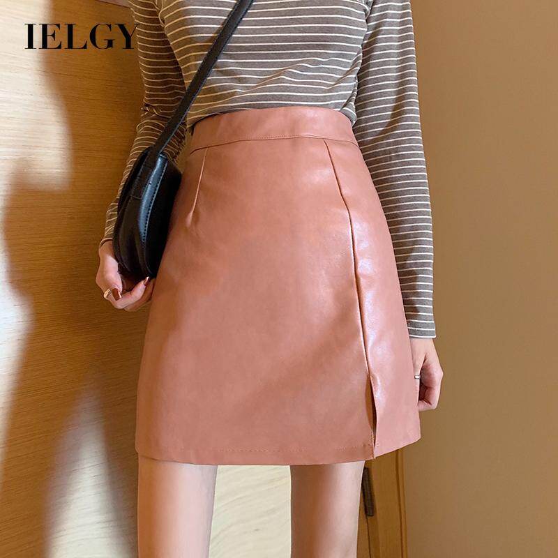 IELGY Women's skirts high waist Solid color A-line casual leather retro all-match skirt fashion