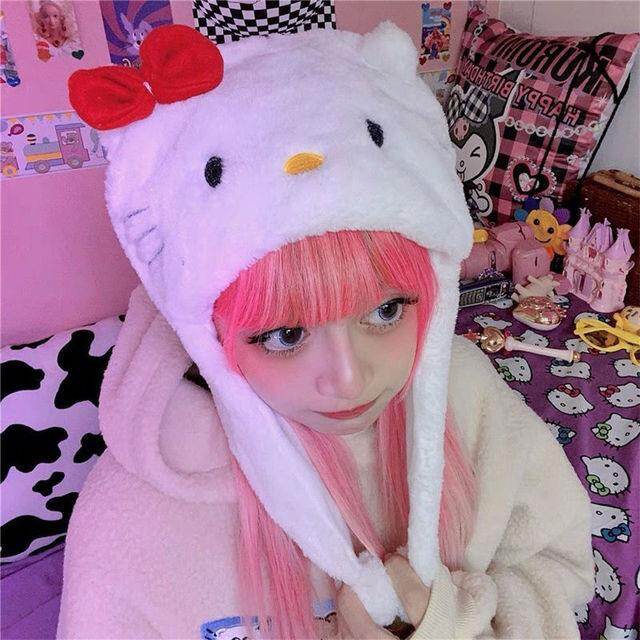 Hello Kitty Winter Plush Hat Cute Sweet Beauty Raw Autumn and Winter Warm Three-dimensional Hat Winter Windproof Warm Hat