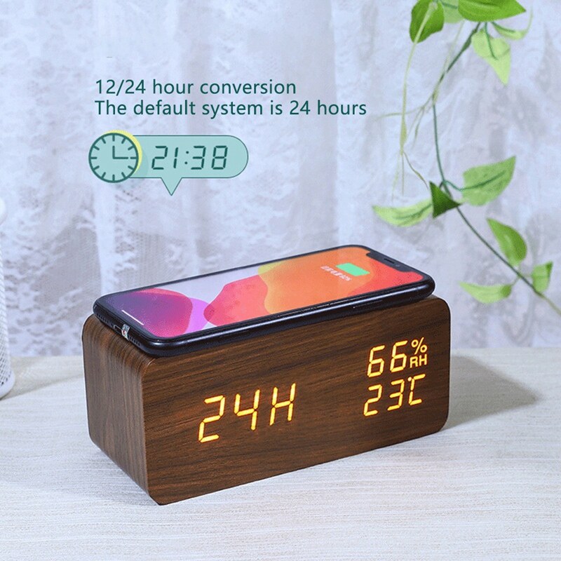 Digital Alarm Clock, Temperature and Humidity Alarm Clock LED Electronic Clock Smartphone Wireless Charger