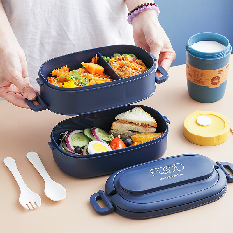KS office worker lunch box with cutlery portable microwave heating student lunch box double-layer lunch box Japanese-style divider lunch box with cutlery