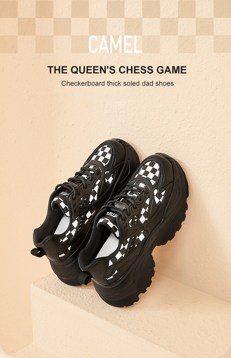 Camel Women's Shoes 2023 spring new all-match shoes thick soles increase black checkerboard sports casual shoes