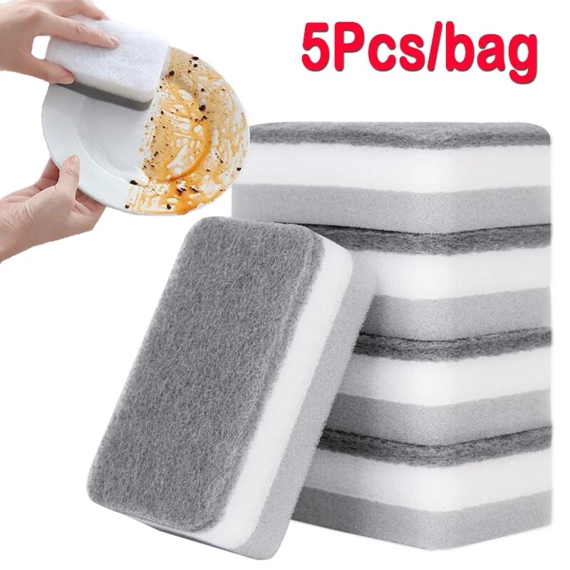 5pc / set Double Side Sponge Scrub Pot Dishwashing Magic Mop Kitchen Household Cleaning Three Layer Sponge Scrubbing Pad