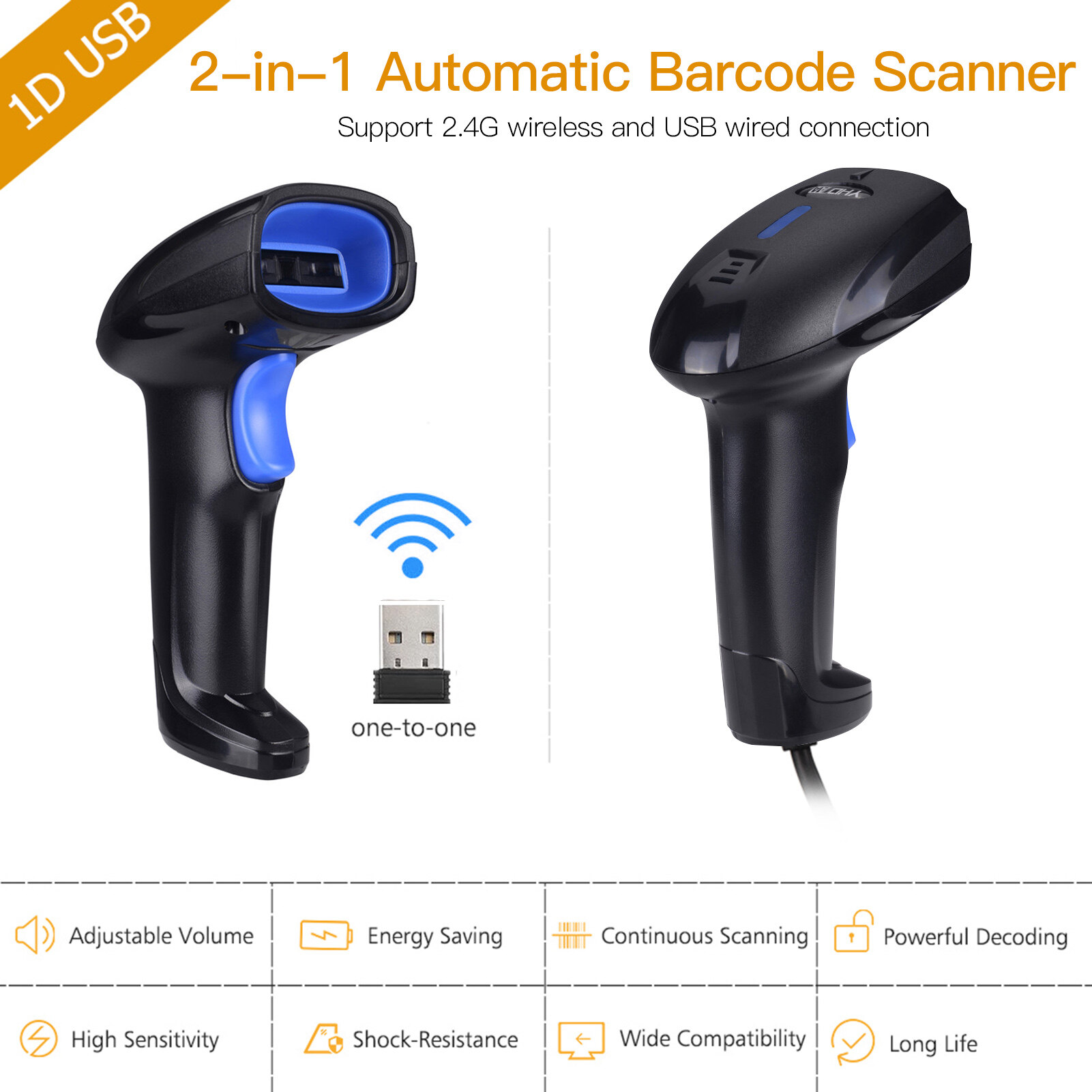 KKMOON Máy Quét Mã Vạch Không Dây 2 Trong 1 2.4G & Máy Quét Mã Vạch Có Dây USB Máy Đọc Mã Vạch 1D Cầm Tay Tự Động Với Pin Sạc Bộ Thu USB Mini Cáp USB Cho Máy Tính Máy Tính Xách Tay