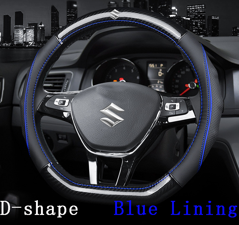 Suzuki Car Steering Wheel Cover (D Shape Blue Lining) Leather Carbon Fiber Non-slip No Smell Thin Suitable for All Suzuki Cars 38CM