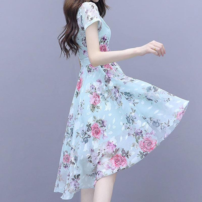 XIYUYI ĐẦM Cho Nữ, Mori Đầm Tay Ngắn Lụa Băng Mỏng In Họa Tiết Bất Đối Xứng