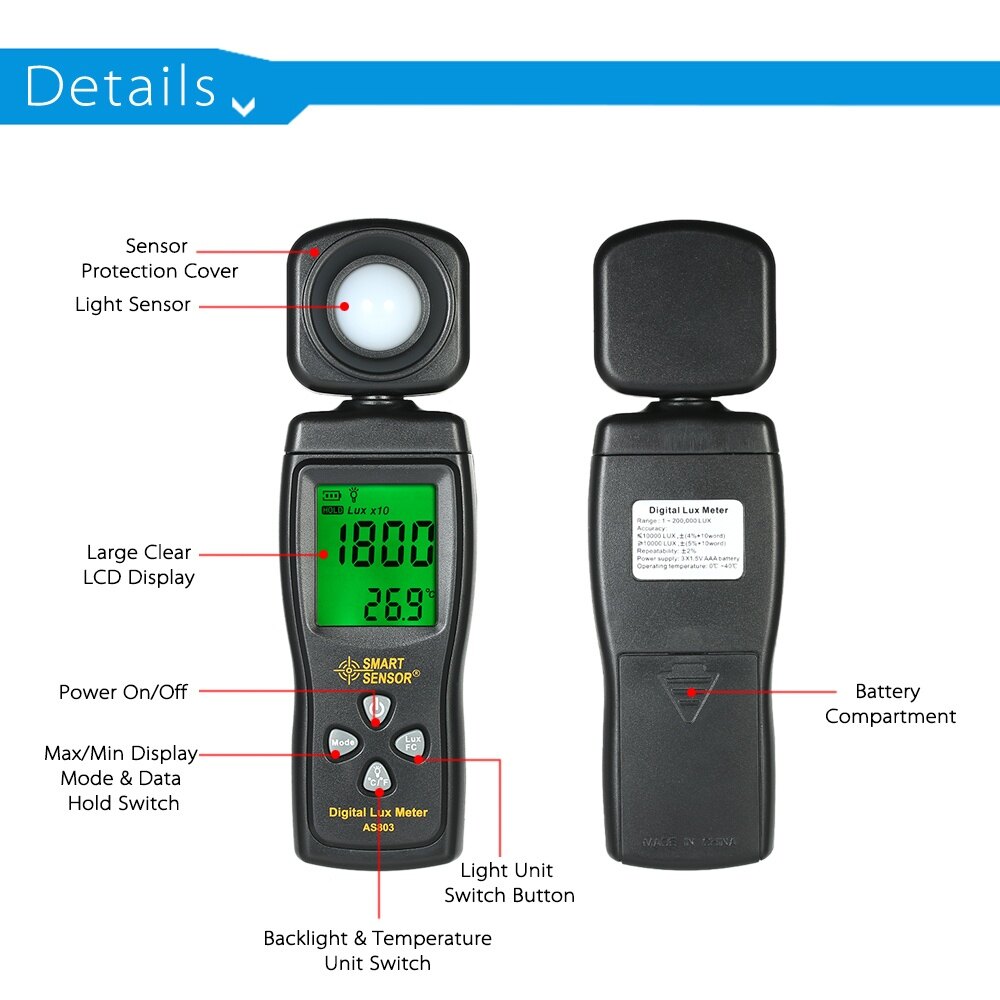 Máy Đo Lux Kỹ Thuật Số Mini KKmoon, Màn Hình LCD Cầm Tay Illuminometer Luminometer Quang Kế Đồng Hồ Đo Ánh Sáng Luxmeter 0-200000 Lux