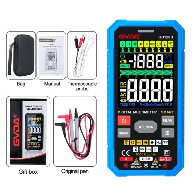 GVDA Smart Multimeter Auto Range True RMS NCV DC AC Tester Automatic Voltmeter Temperature Measure Digital Multi-Meter