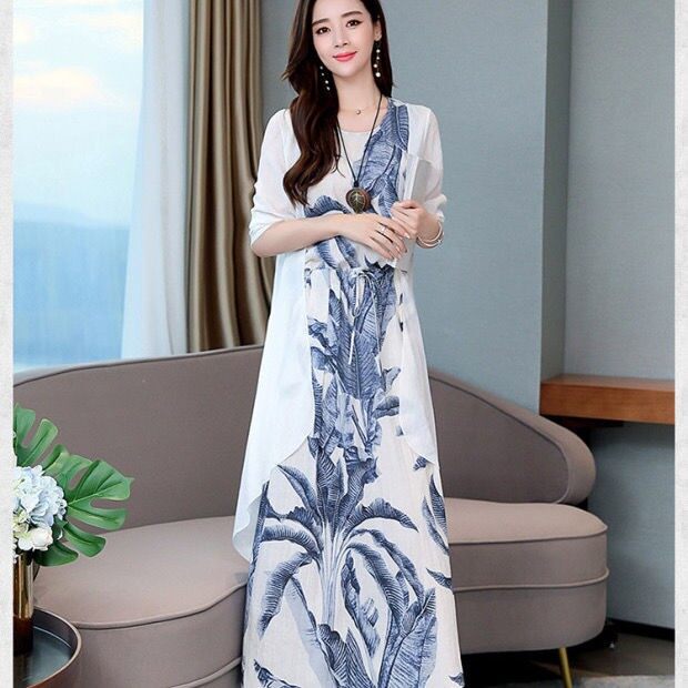 IEF SHOP Ready Stock JS Women s Clothing Medium long print dress art cotton linen two piece match Plus Size Dress Labuh Muslimah Long Cardigan Baju Pantai Hawaiian Green Dress Free