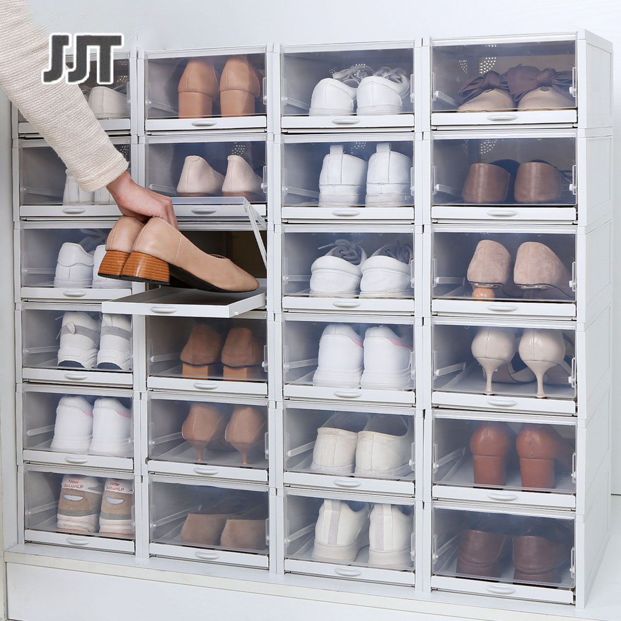 JJT tủ giày giá để giày hộp đựng giày Hộp đựng đồ bằng nhựa dày, nhựa có ngăn kéo có thể xếp chồng lên nhau hộp đựng giày Đơn giản và chống bụi không gian lưu trữ hộp đựng giày trong suốt