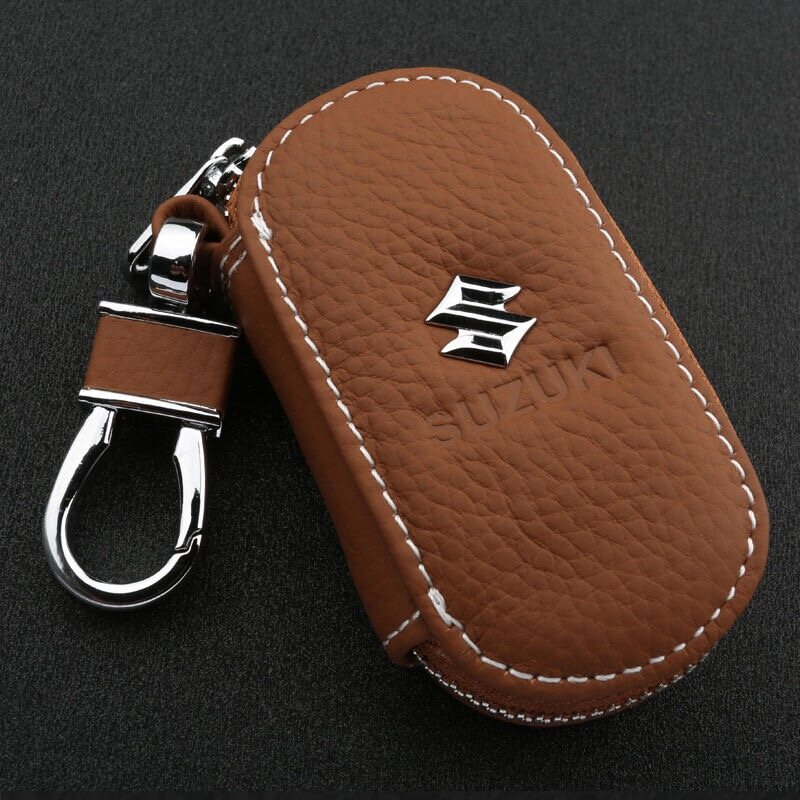 4 Colors Leather Car Key Bag Case Logo For Suzuki Swift Vitara Jimny Ertige SX4 Alto Ciaz Dzire APV XL7 Ignis Kizashi Keychain Cover Ring Zipper Universal Auto Accessories