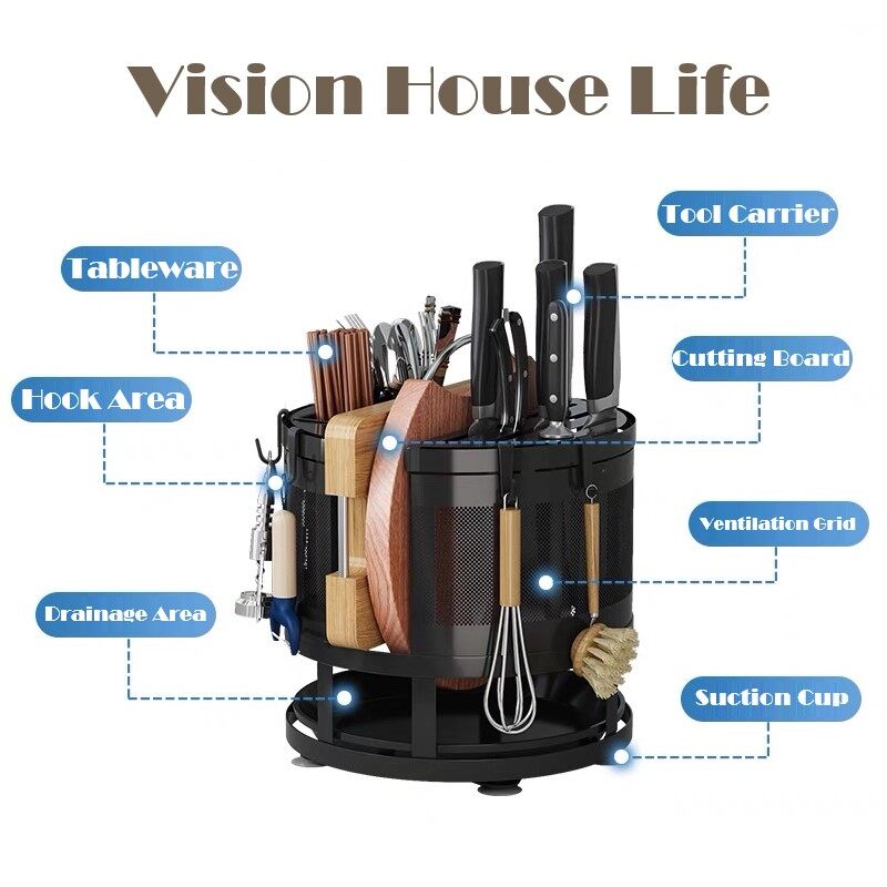 Vision Giá Nhà Bếp Bằng Thép Không Gỉ Kệ Nhà Bếp Xoay Được Giá Đựng Đũa Thùng ĐựNg ThớT Nhà Bếp Kệ Đựng Bộ Đồ Ăn Đa Năng