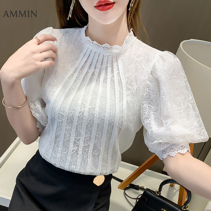 AMMIN Áo Nữ Mùa Hè 2021 Mới Ngọt Ngào Và Thời Trang Thêu Móc Áo Ren Cổ