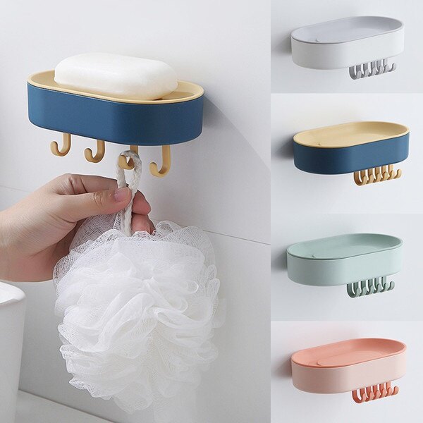 Dream Hunter Wall Mounted Bathroom Soap Storage Rack Drain Water Holder Shelf with Hooks Self Adhesive Double Layer Sponge Dish Organizer