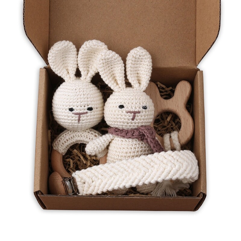 Pacifier Clip Set Braided Pacifier Chain Wooden Rabbit Ring with Teether Beech Baby Pacifier Accessories White