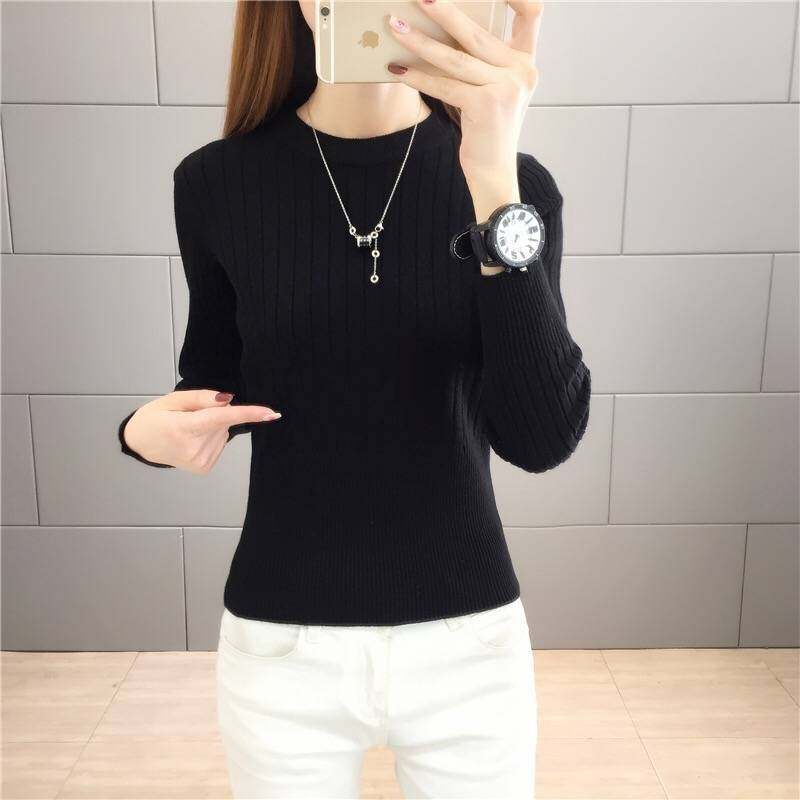 High Waist Round Collar Long Sleeve Knitted Sweater Women Slim Fit Long Sleeve Short Sweater Top