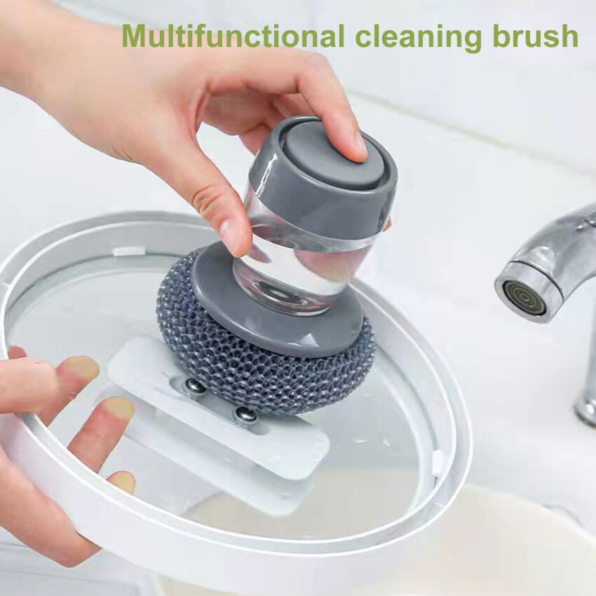 2 In 1 Cleaning Brush with Removable Brush Kitchen Holder Soap Dispenser Brush Press Type Sponge Dispenser Dishwashing Brushes
