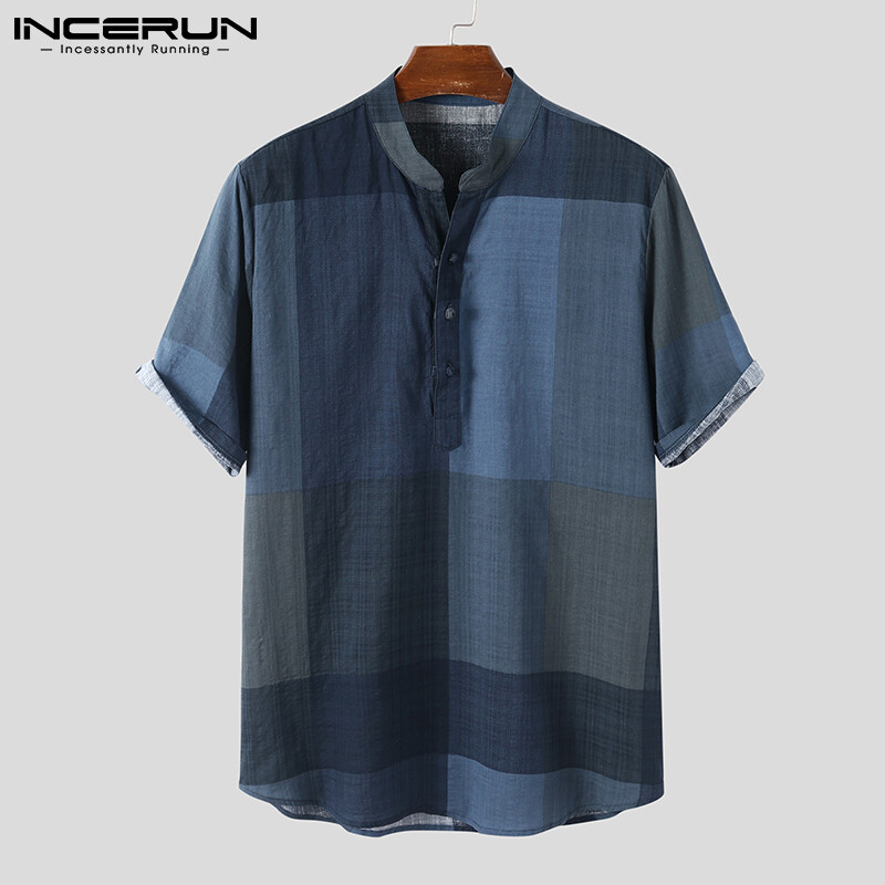 Medussa INCERUN Mens Checked Short Sleeve Retro Hippy Henley Plaid Shirt Tops Tee