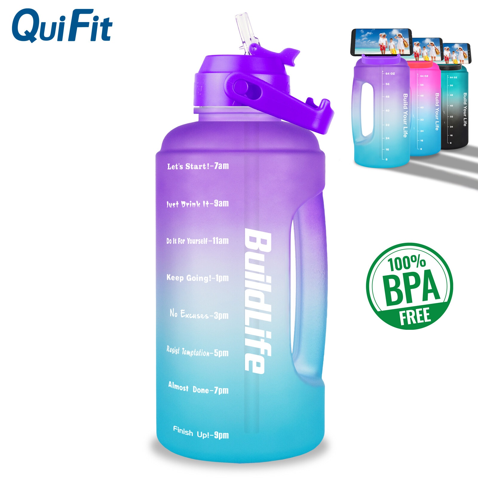 QuiFit Motivational Water Bottle 2.2L 73OZ with Time Maker & Straw ...