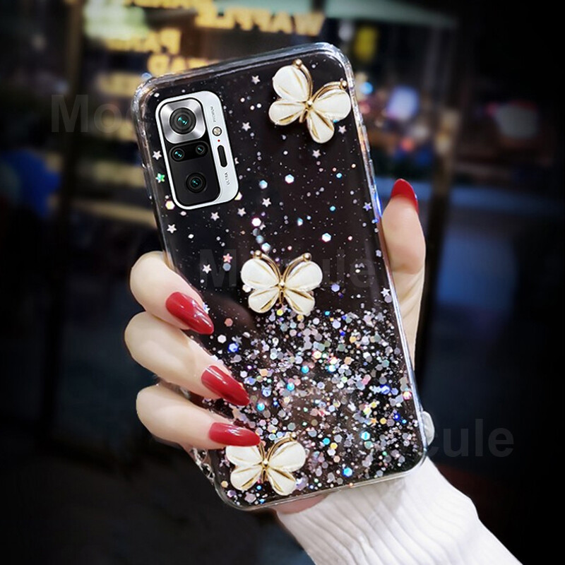 For Xiaomi Redmi Note 10 / Redmi Note 10 Pro Case, Fashion Cute 3D Butterfly Sparkly Bling Star Glitter Girls Phone Casing Soft Silicone TPU Bumper Slim Clear Shockproof Cellphone Cases Protective Cover Women Lady