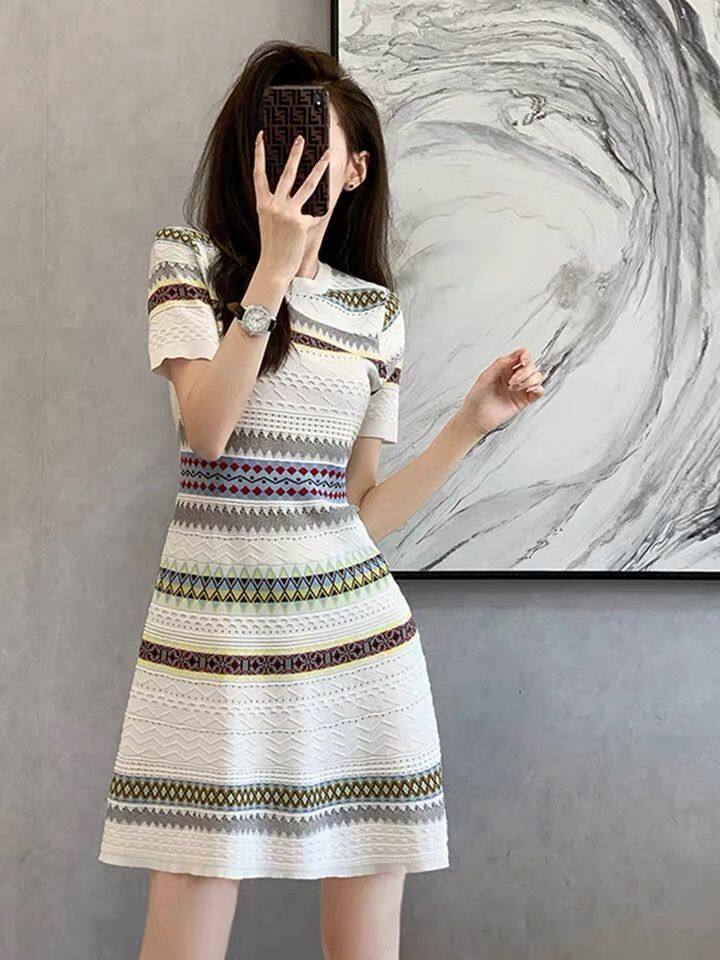 2022 Summer New French Style Small Fragrance Ladies Knitted Slim Dress Short Sleeves Slim Striped Dress