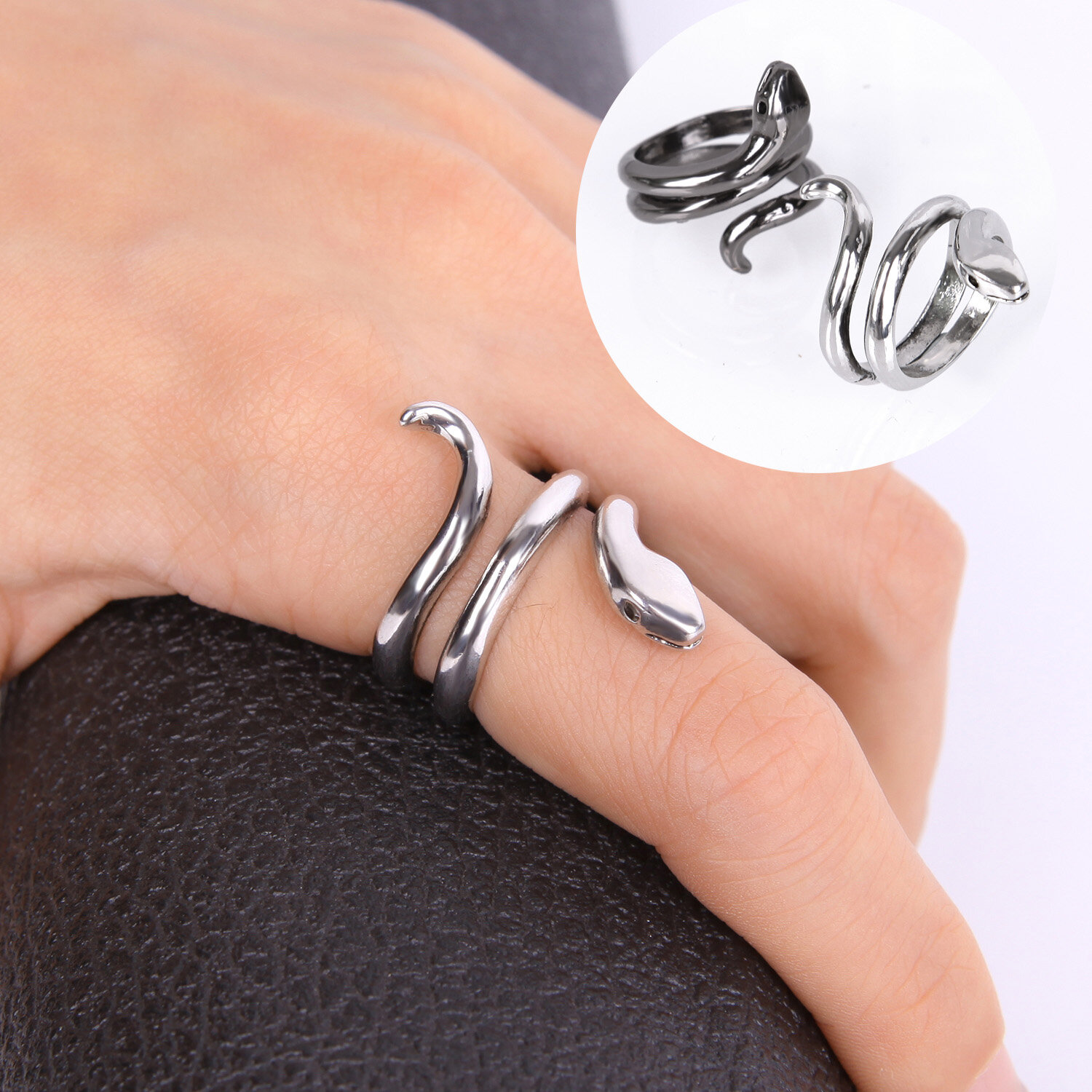 2pcs Punk Men Women Stainless Steel Black Silver Snake Open Adjustable Finger Ring Jewelry