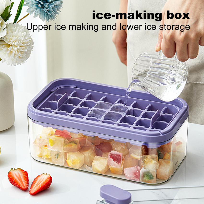 1Pc One-button Press Type Ice Mold Box Plastics Ice Cube Maker Ice Tray Mold With Storage Box With Lid Bar Kitchen Accessories