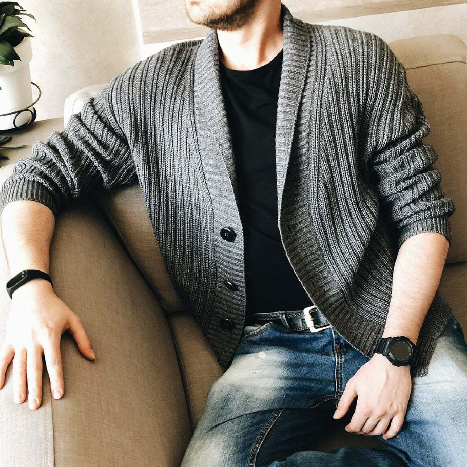 Simple Sweater Coat Solid Color Comfortable Simple Men Solid Color Knitted Sweater Coat for Outdoor