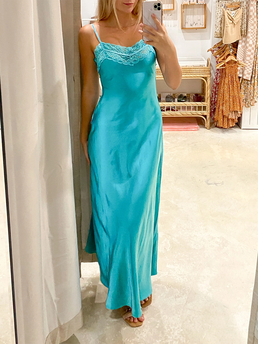 Women Lace Patchwork Slip Dress Y2K Spaghetti Strap Backless Summer Long Dress Elegant Solid Color Evening Party Dress