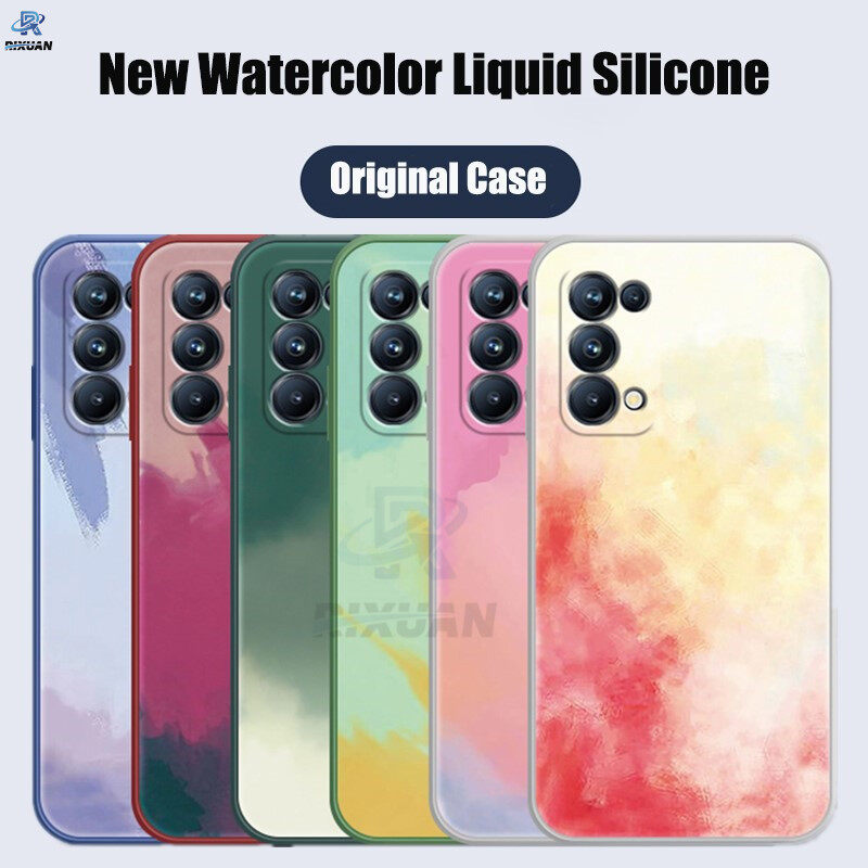 Watercolor Square Silicone Casing OPPO Reno 5 Reno 4 Reno 2 OPPO A38 A54 A15 A53 2020 A5S A12 A7 A3S A12e A52 A92 INS Lens Protection Straight Edge Soft Matte Case