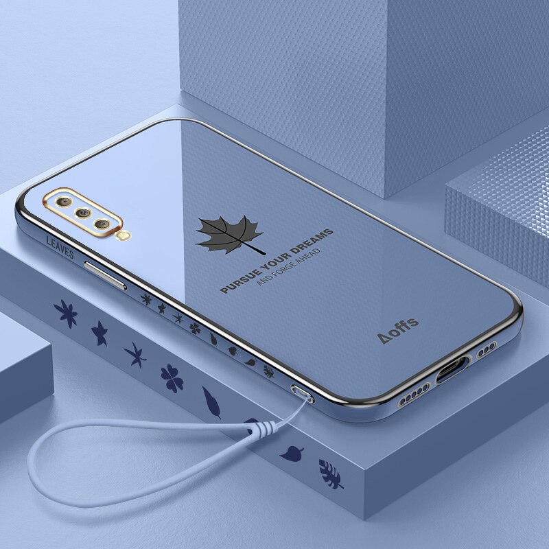 YBD Straight Edge Plating Phone case For Samsung Galaxy A7 2018 A750 Plus casing, Precise Camera Protection case a7 2018 Maple leaf pattern cover with Free lanyard