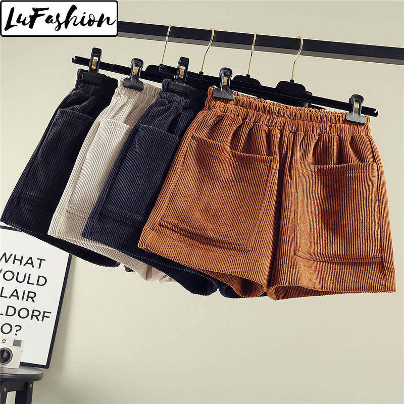 LuFashion Short Pants Women Casual Corduroy Shorts Outer Wear High Waist Wide Leg Boot Pants