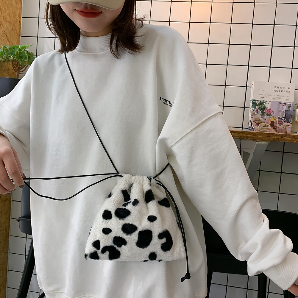 BAGOO Fashion Milk Cow Zebra Printed Soft Plush Mini Crossbody Bag Women Girl Drawstring Shoulder Handbag Small Money Phone Pouch Purse