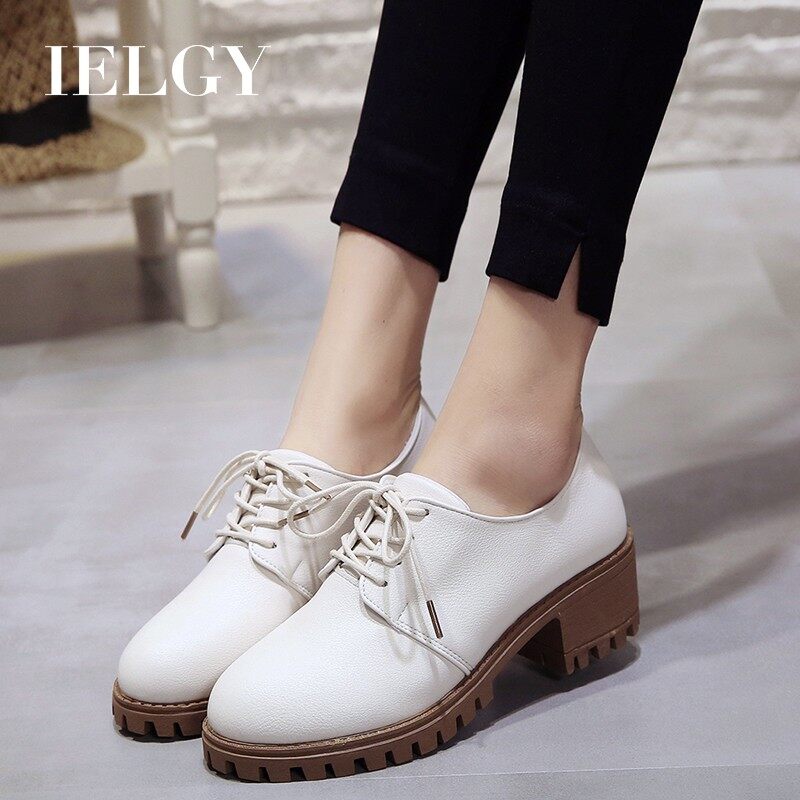 IELGY small leather shoes women's all-match college style thick-soled mid-heel chunky heel casual comfortable single shoes