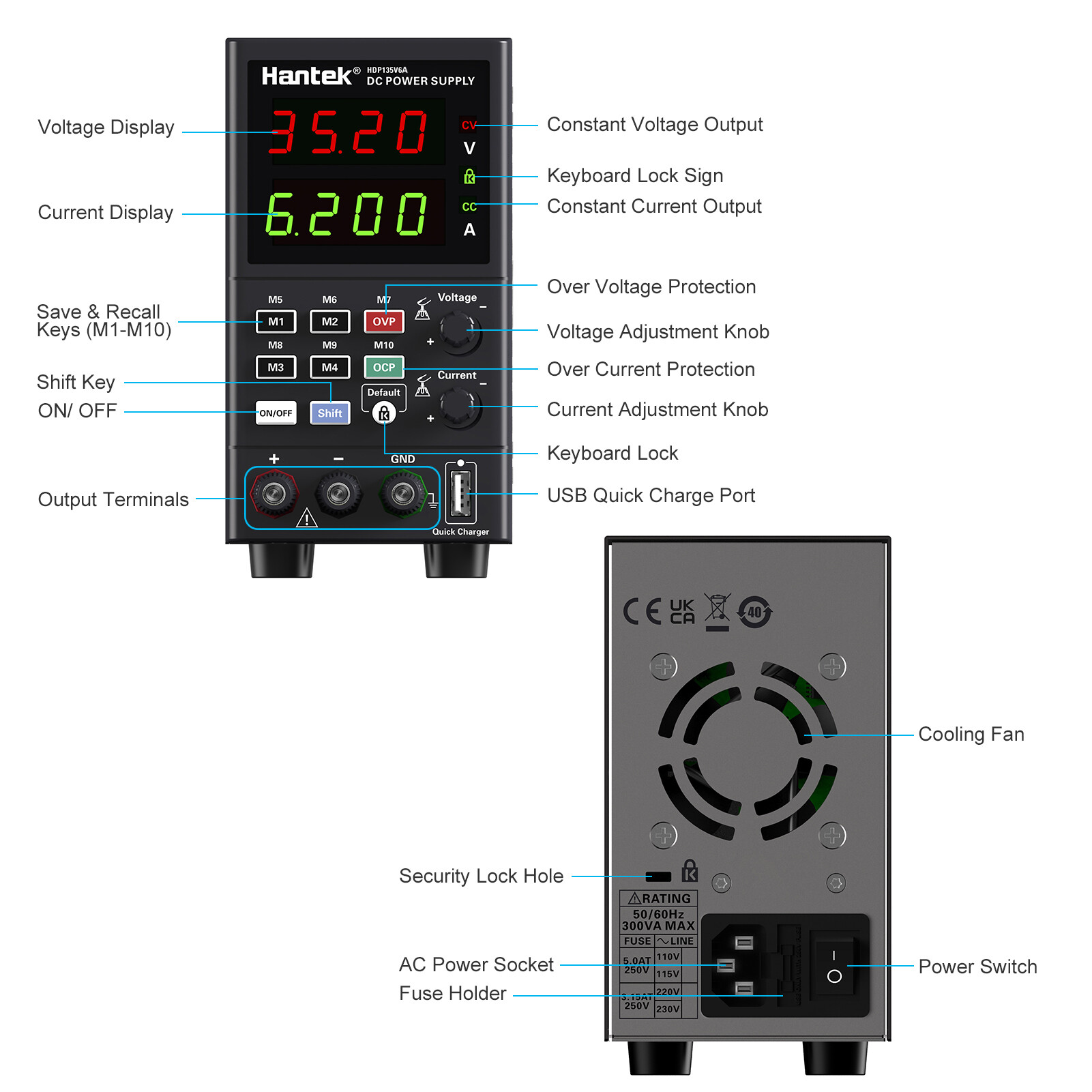 KKmoon Hantek HDP135V6A Digital Bench DC Power Supply Variable 35V 6A Adjustable Switching Regulated Power Supply CV CC with Data Storage, On/ Off Output, USB Quick Charge, PC Software Control, Encoder Adjustment Knob
