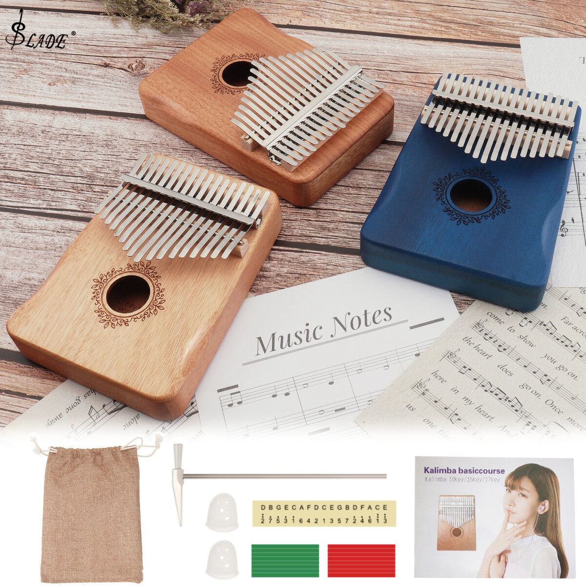 SLADE 17 Keys Kalimba Thumb Piano Mahogany with Hand Guard Mbira Blue / Wood / Retro Optional