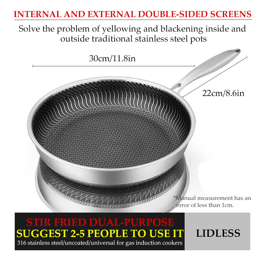 316 Stainless Steel Frying Pan Honeycomb Non-Stick Surface Double-Sided Non  Coated Non Stick Frying Pan Induction Cooking Gas Universal