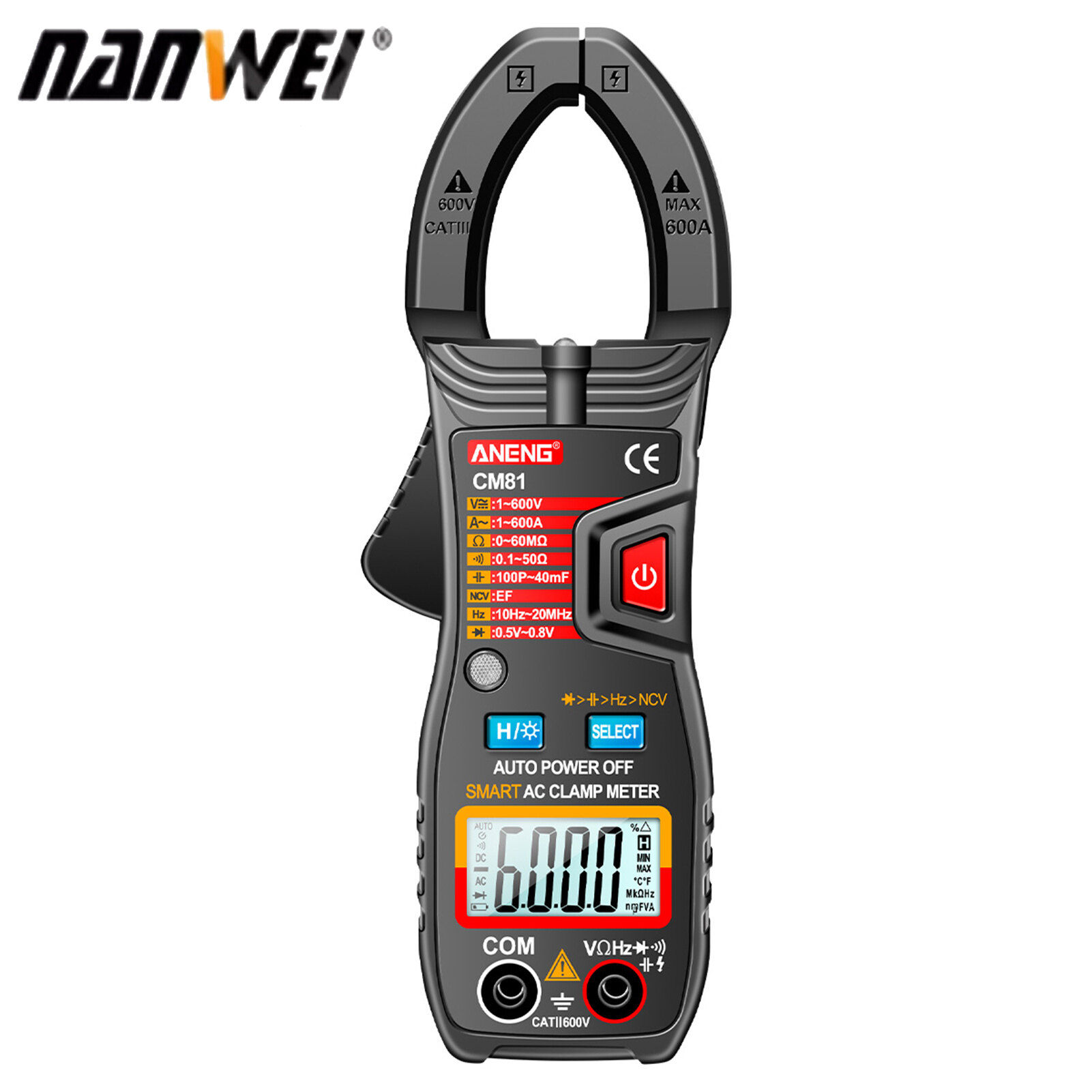Nanwei aneng cm81 smart ac clamp meter clamp type multimeter 6000 counts auto range voltmeter 600a ammeter resistance meter with flashlight