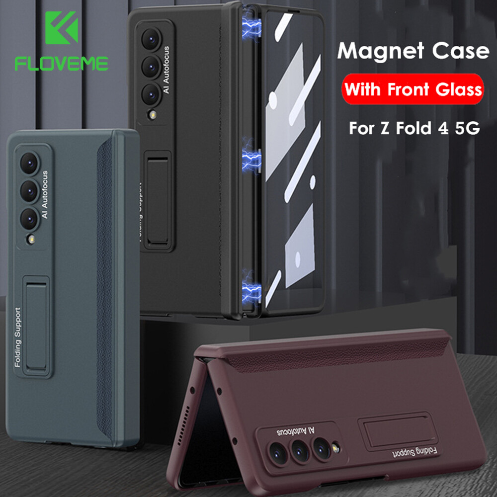 Floveme phone case for samsung galaxy z fold 4 5g with front glass film anti drop hinge holder hard plastic back cover for galaxy z fold 4