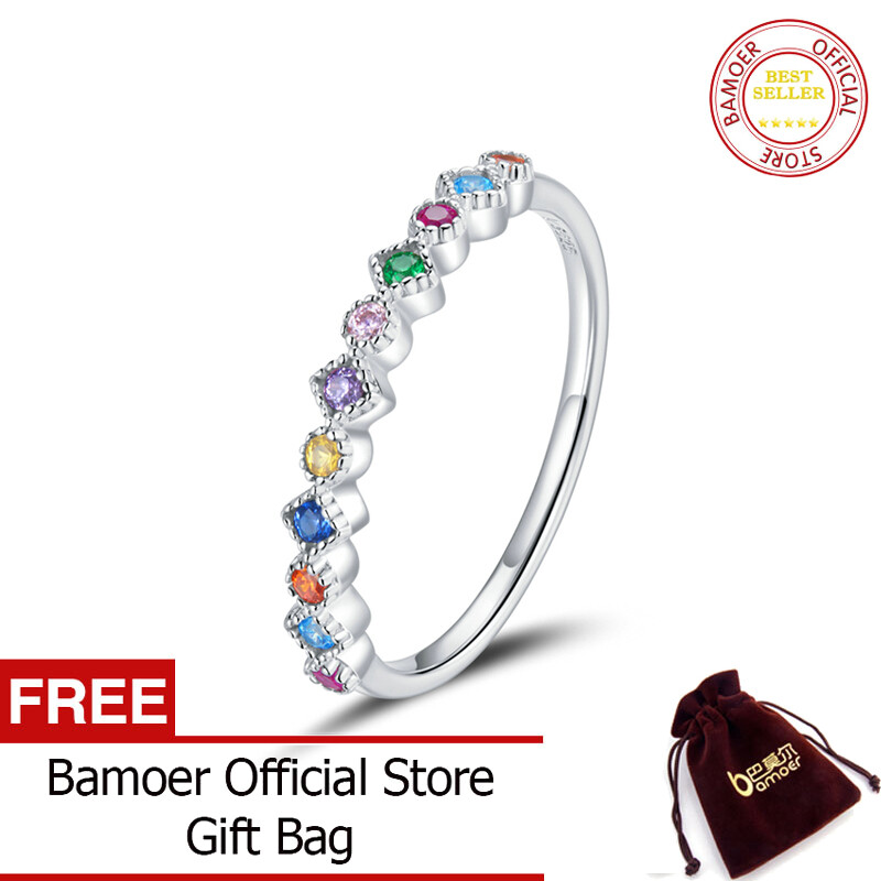 BAMOER Sterling Silver 925 CZ Signet Ring Engrave Rainbow Finger Rings for Women wedding ring Size Korean Jewelry SCR697