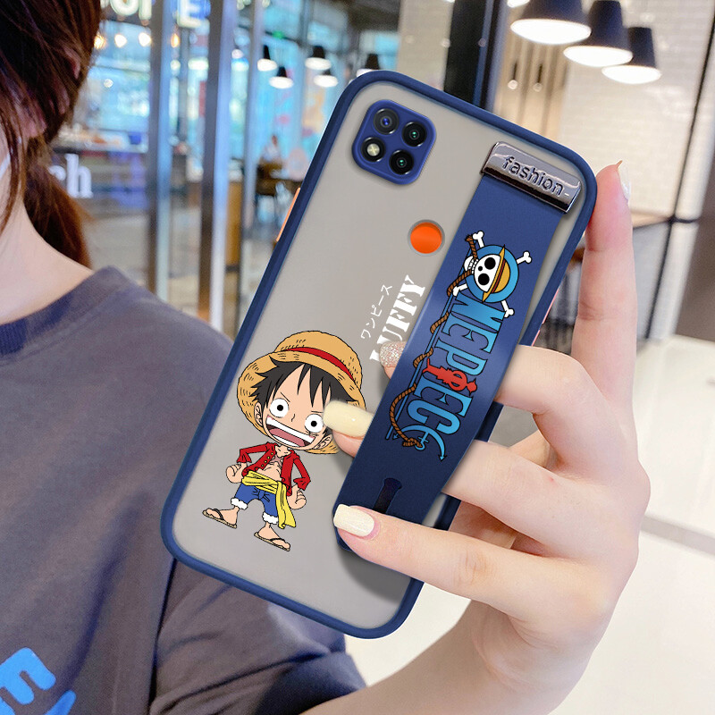 (With Wristband) Hontinga Casing Case For Xiomi Xiaomi Redmi 9C 10 Case Shockproof Frosted Cartoon Anime Case Luffy Transparent Phone Casing Full Back Cover Lens Camera Protector Cases Hard Case For Boys Girls