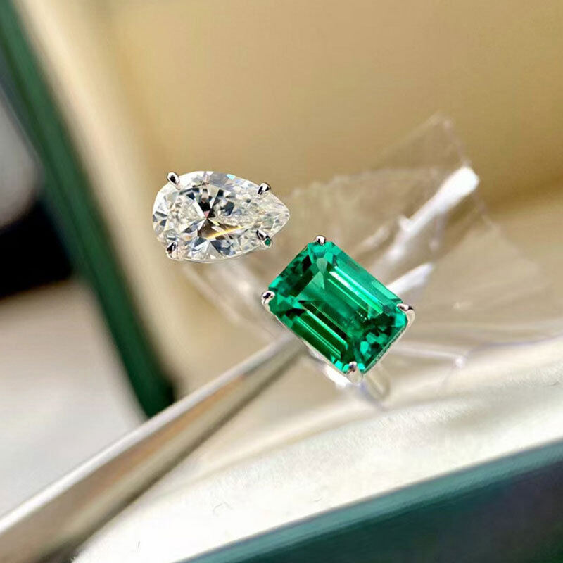 Simulated Emerald Tourmaline Princess Square Temperament Opening Ring Female Ring