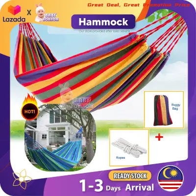 HAMMOCK Camping Outdoor With Bag Buaian Gantung Tidur Kain Beach Picnic Swing Bed Garden Sports Home Travel Camping Swing Canvas Stripe Hang Bed Hammock Double Single People XPH71