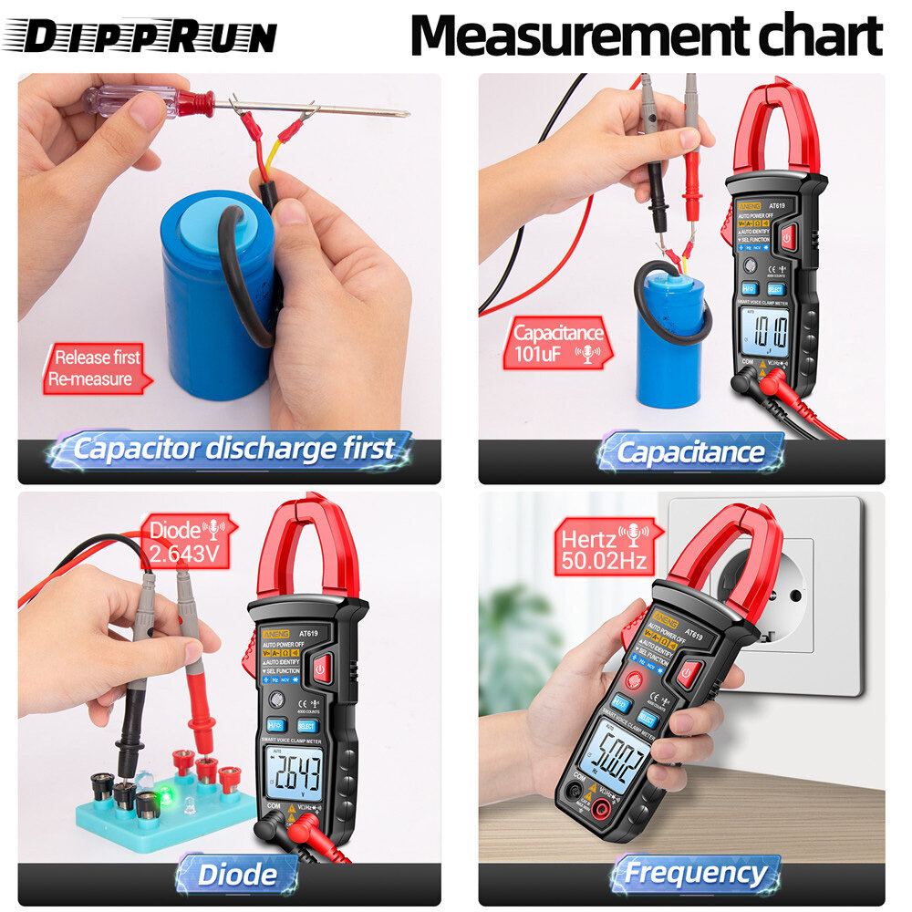 DIPPRUN ANENG AT619 Clamp Meter with Voice Broadcast Multimeter Tester Measures AC/DC Current Voltage Resistance Diodes