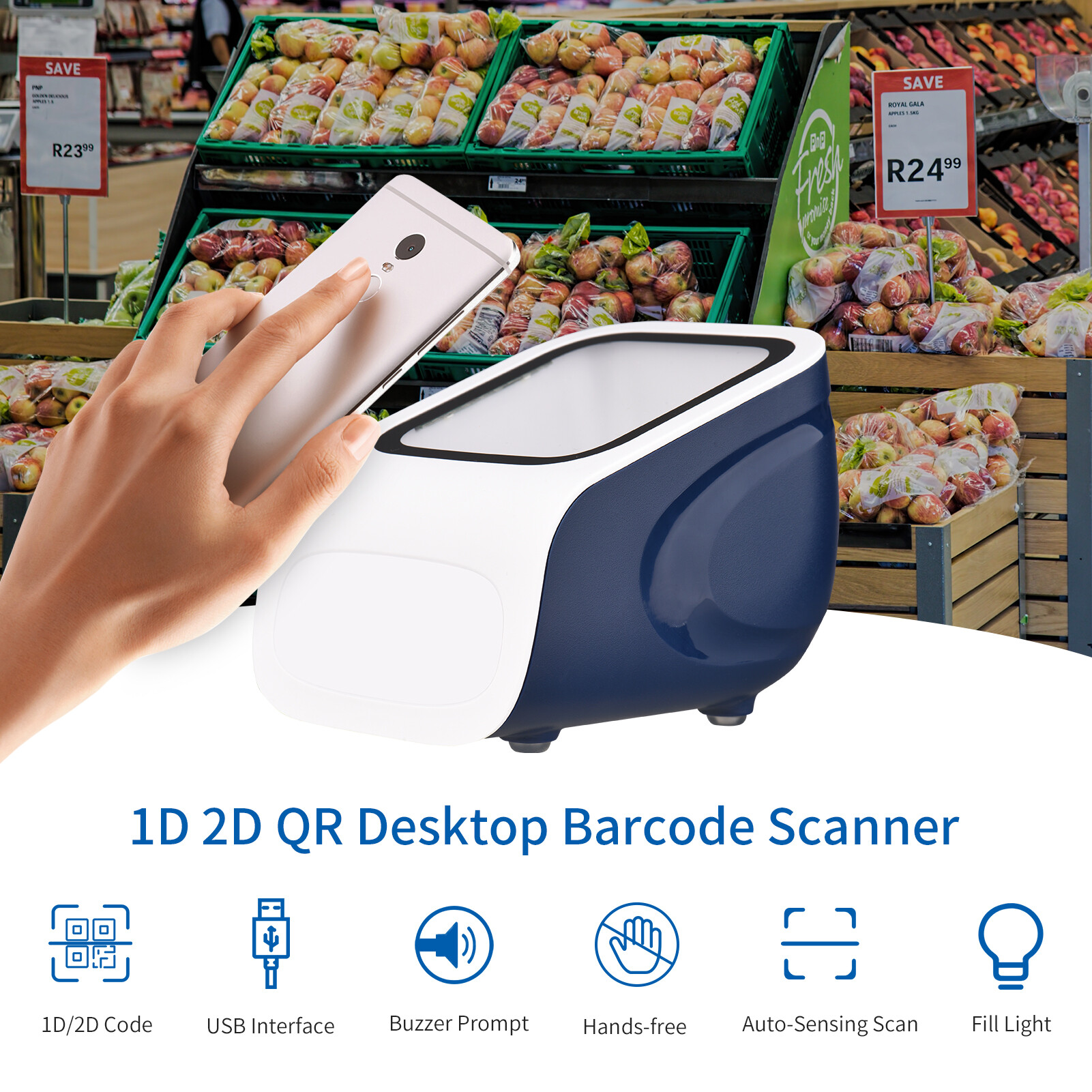 KKmoon 1D 2D QR Desktop Barcode Scanner Platform Hands-free USB Wired Bar Code Reader Scanner Plug&Play Compatible with Window Android System Large Scanning Window