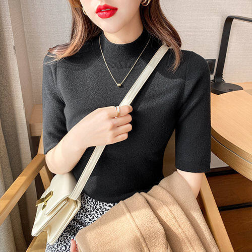 Women's Knitted Sweater Middle Sleeve Bottoming Sweater Solid Color Half Turtleneck Sweater