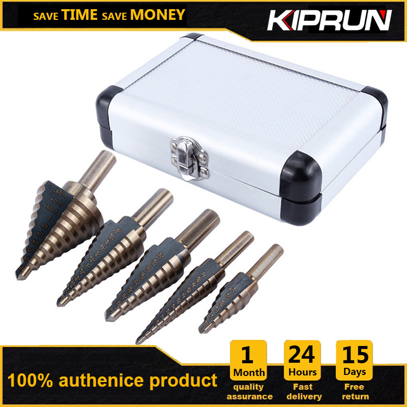 [Ready Stock] KIPRUN 5PCS 50 Sizes STEP DRILL BIT SET with Aluminum Case, HSS Cobalt Step Drill Bit Aluminum Case Multiple Hole Drilling Bit Set for Metal Wood Drilling Hole Cutter Step Cone Drill